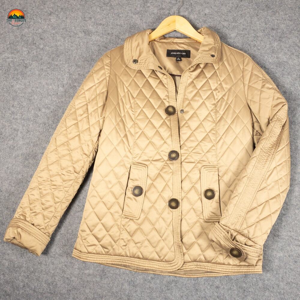 Jones New York Quilted Jacket Beige Long Sleeve Pockets Women's Size Small